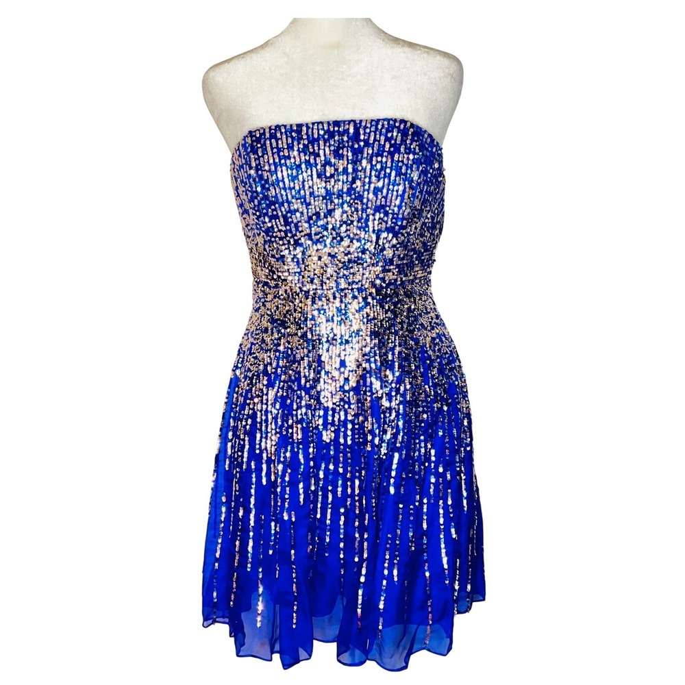 SHERRI HILL blue silver silk strapless sequin formal dance dress‎ starburst 6